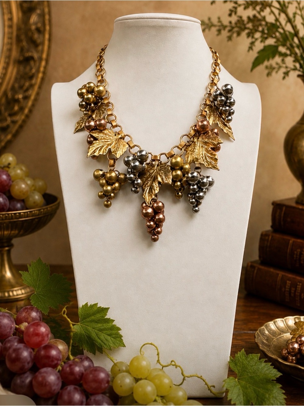 VINTAGE 1940s Copper, Gold-tone, & Silver-tone Grape Cluster Book-chain Necklace